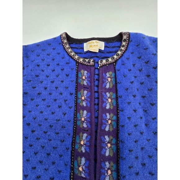 Tally-Ho Womens 100% Wool Blue Cardigan Sweater With Embroidered Floral Design - - Picture 5 of 7